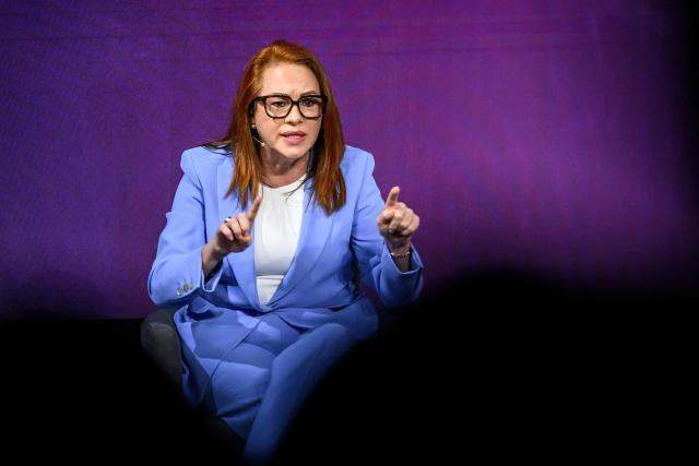 Candidate for the selection and appointment of the next United Nations Secretary-General,  Former Ecuadorian Minister of Foreign Affairs Maria Fernanda Espinosa speaks as she takes part in a debate organized by GWL Voices, in Geneva on June 9, 2026. (Photo by Fabrice COFFRINI / AFP)