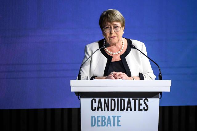 Candidate for the selection and appointment of the next United Nations Secretary-General, former Chilean President Michelle Bachelet speaks during a debate organized by GWL Voices, in Geneva on June 9, 2026.  (Photo by Fabrice COFFRINI / AFP)