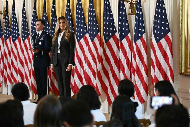 First Lady Melania Trump hosts the Presidential Artificial Intelligence Challenge National Champion Awards Ceremony in the East Room of the White House in Washington, DC on June 9, 2026. (Photo by Brendan SMIALOWSKI / AFP)