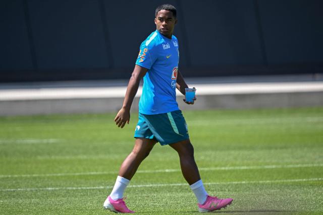 Brazil's forward Endrick walks on the pitch during a training session as part of the team's preparation for its FIFA World Cup football tournament opening match against Morocco at Columbia Park Training Facility in Morristown, New Jersey on June 9, 2026. (Photo by MAURO PIMENTEL / AFP)