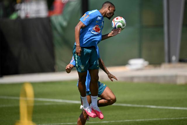 Brazil's forward Rayan heads the ball during a training session as part of the team's preparation for its FIFA World Cup football tournament opening match against Morocco at Columbia Park Training Facility in Morristown, New Jersey on June 9, 2026. (Photo by MAURO PIMENTEL / AFP)