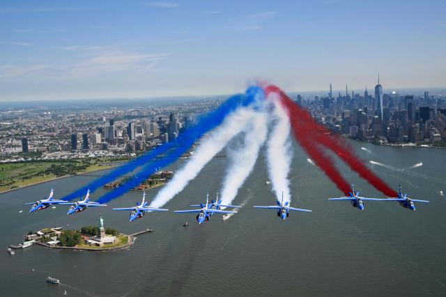 The Patrouille de France conducts a flyover above the Statue of Liberty in New York Harbor in commemoration of the 250th anniversary of American independence, in New York City, on June 9, 2026. (Photo by ANGELA WEISS / AFP)
