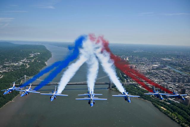 The Patrouille de France conducts a flyover down the Hudson River in commemoration of the 250th anniversary of American independence, in New York City, on June 9, 2026. (Photo by ANGELA WEISS / AFP)