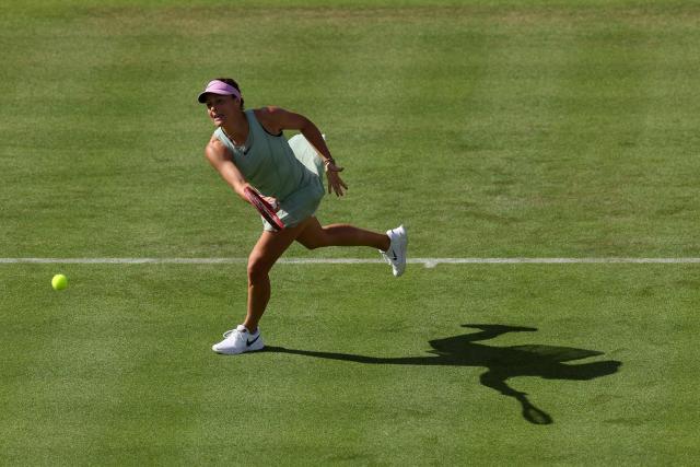 Germany's Tatjana Maria returns the ball against Greece's Maria Sakkari during their round of 32, singles match at the HSBC WTA tennis Championships at Queen's Club in west London on June 9, 2026. (Photo by Adrian Dennis / AFP)