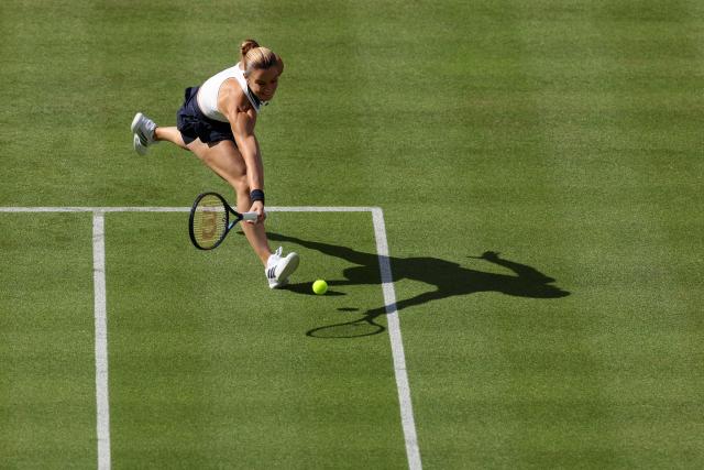 Greece's Maria Sakkari returns the ball against Germany's Tatjana Maria during their round of 32, singles match at the HSBC WTA tennis Championships at Queen's Club in west London on June 9, 2026. (Photo by Adrian Dennis / AFP)