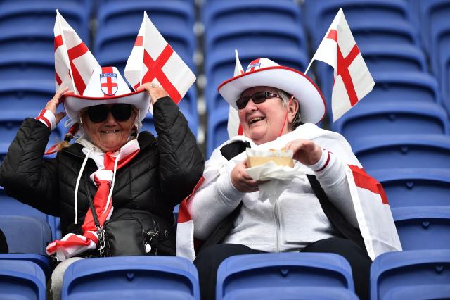 England fans enjoy some refreshments ahead of the Women's 2027 World Cup European Qualifiers, league A, group 3, football match between England and Ukraine at the Hill Dickinson Stadium in Liverpool, north west England, on June 9, 2026. (Photo by PETER POWELL / AFP)