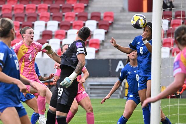 Israel's defender #08 Shani David heads the ball off the goal-line during the FIFA Women's World Cup Europe Zone Qualifiers League B Group 4 football match between Israel and Scotland at the Bozsik Arena in Budapest on June 9, 2026. (Photo by Attila KISBENEDEK / AFP)