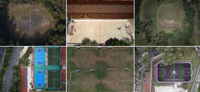 (COMBO from L) This combination of pictures, created on June 9, 2026, shows the soccer field located at the summit of Cerro Pelon mountain in the municipality of Paracho, on the Purepecha Plateau of Michoacan, on February 8, 2026, children playing football on a court next to the border wall at the MexicoUS border in Tecate, Baja California state, Mexico, on April 17, 2026, a football pitch in the crater of the extinct Teoca volcano in Milpa Alta, Xochimilco, Mexico City, on June 8, 2026, football pitches at Iberoamericana University in Mexico City on June 7, 2026, the Cuauhtemoc Sports Complex, home to the Morelia Municipal Soccer League, on February 7, 2026, and a football pitch near Xochimilco in Mexico City on June 8, 2026. (Photo by AFP)
