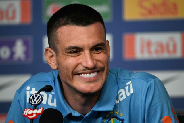 Brazil's defender Ibanez smiles during a press conference ahead of his FIFA World Cup football tournament opening match against Morocco at Ridge hotel in New Jersey on June 9, 2026. (Photo by Mauro PIMENTEL / AFP)