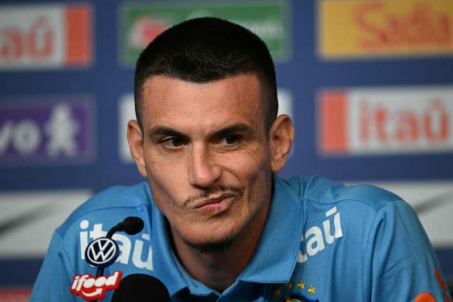 Brazil's defender Ibanez gestures during a press conference ahead of his FIFA World Cup football tournament opening match against Morocco at Ridge hotel in New Jersey on June 9, 2026. (Photo by Mauro PIMENTEL / AFP)