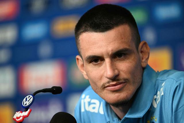 Brazil's defender Ibanez gestures during a press conference ahead of his FIFA World Cup football tournament opening match against Morocco at Ridge hotel in New Jersey on June 9, 2026. (Photo by Mauro PIMENTEL / AFP)