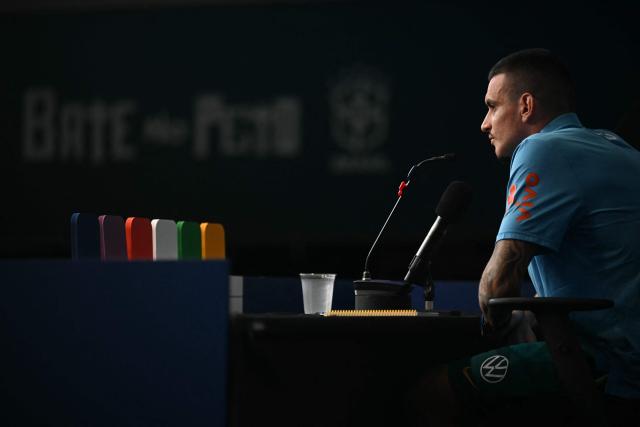 Brazil's defender Ibanez gestures during a press conference ahead of his FIFA World Cup football tournament opening match against Morocco at Ridge hotel in New Jersey on June 9, 2026. (Photo by MAURO PIMENTEL / AFP)