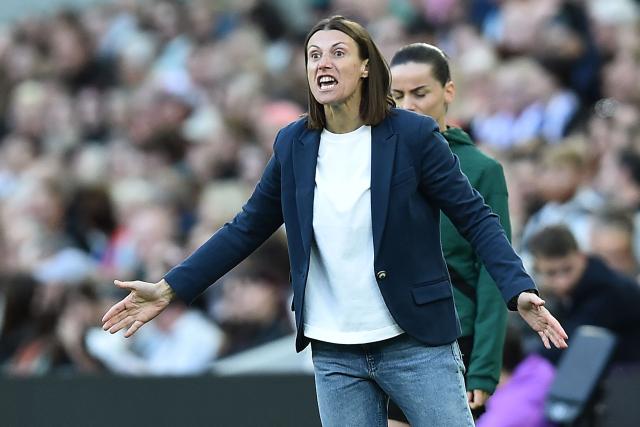 Ukraine's head coach Iya Andrushchak gestures on the touchline during the Women's 2027 World Cup European Qualifiers, league A, group 3, football match between England and Ukraine at the Hill Dickinson Stadium in Liverpool, north west England, on June 9, 2026. (Photo by PETER POWELL / AFP)