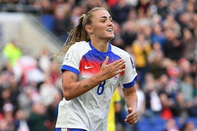 England's midfielder #08 Georgia Stanway celebrates after scoring their second goal during the Women's 2027 World Cup European Qualifiers, league A, group 3, football match between England and Ukraine at the Hill Dickinson Stadium in Liverpool, north west England, on June 9, 2026. (Photo by PETER POWELL / AFP)