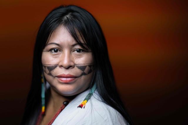 Indigenous leader and Brazilian environmental activist from the Munduruku ethnic group Alessandra Korap, poses during a photo session in Paris on June 9, 2026. (Photo by Joel Saget / AFP)