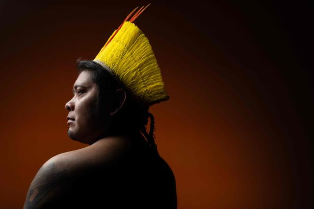 Beptuk Metuktire, Indigenous Youth leader from the Kayapo people and coordinator of the Raoni Institute, poses during a photo session in Paris on June 9, 2026. Beptuk Metuktire is the grandson of famous Kayapo leader Raoni Metuktire. (Photo by JOEL SAGET / AFP)