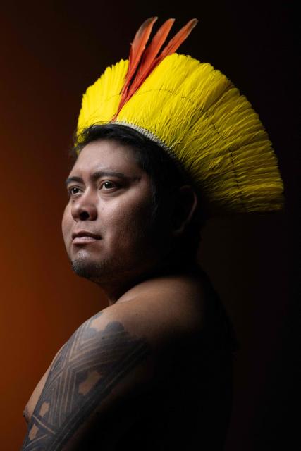 Beptuk Metuktire, Indigenous Youth leader from the Kayapo people and coordinator of the Raoni Institute, poses during a photo session in Paris on June 9, 2026. Beptuk Metuktire is the grandson of famous Kayapo leader Raoni Metuktire. (Photo by Joel Saget / AFP)