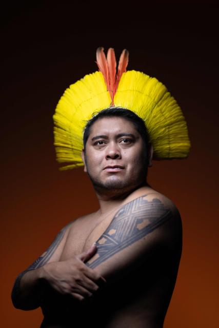 Beptuk Metuktire, Indigenous Youth leader from the Kayapo people and coordinator of the Raoni Institute, poses during a photo session in Paris on June 9, 2026. Beptuk Metuktire is the grandson of famous Kayapo leader Raoni Metuktire. (Photo by Joel Saget / AFP)