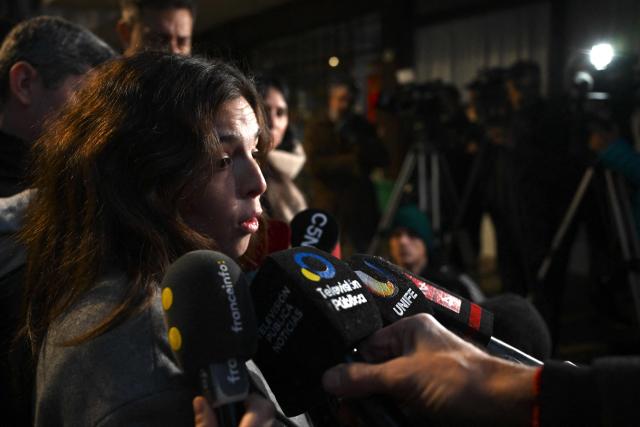 Dalma Maradona, daughter of late Argentine football legend Diego Maradona, speaks to the media outside the courthouse after a hearing in the trial into her father’s death, in San Isidro, Buenos Aires province, Argentina, on June 9, 2026. (Photo by Luis ROBAYO / AFP)
