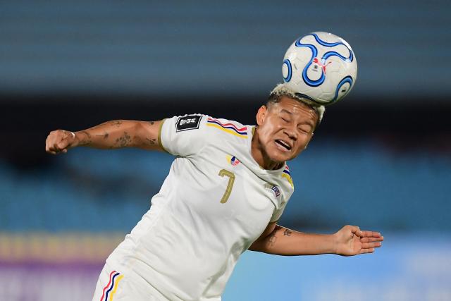 Venezuela's midfielder 07 Daniuska Rodriguez heads the ball during the CONMEBOL Nations League Women football match between Uruguay and Venezuela at the Centenario stadium in Montevideo on June 9, 2026. (Photo by Dante FERNANDEZ / AFP)