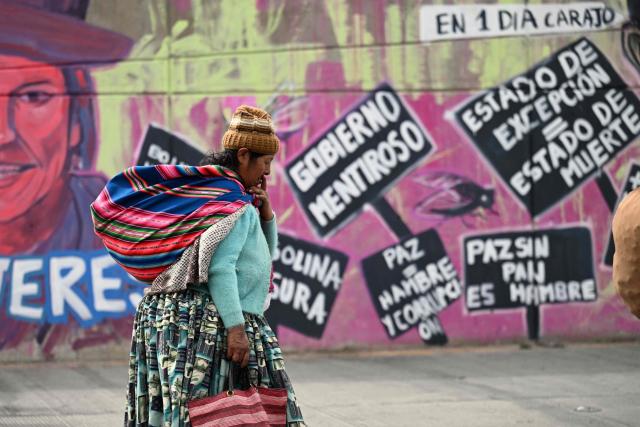 A woman walks past a wall displaying anti-government mural paintings along a road blockade in the Rio Seco area of El Alto, Bolivia, on June 9, 2026. Bolivia has faced days of protests and road blockades amid growing political tensions and supply shortages affecting different regions of the country. (Photo by Marvin RECINOS / AFP)