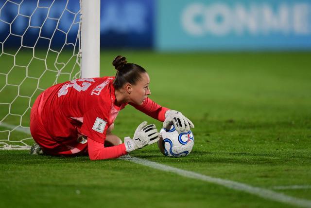 Uruguay's goalkeeper #12 Agustina Sanchez grabs the ball during the CONMEBOL Nations League Women football match between Uruguay and Venezuela at the Centenario stadium in Montevideo on June 9, 2026. (Photo by Dante FERNANDEZ / AFP)