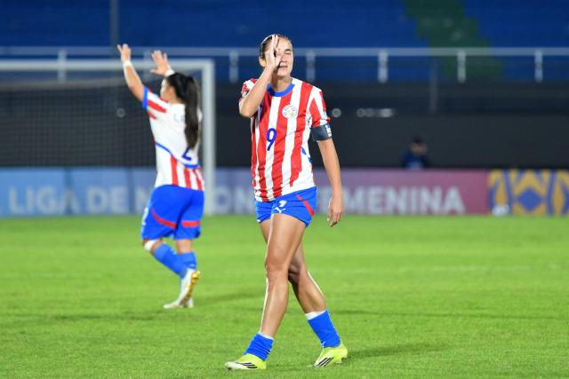 Paraguay's forward #09 Lice Chamorro celebrates scoring her team's second goal during the CONMEBOL Nations League Women football match between Paraguay and Colombia at the Defensores del Chaco stadium in Asuncion on June 9, 2026. (Photo by DANIEL DUARTE / AFP)