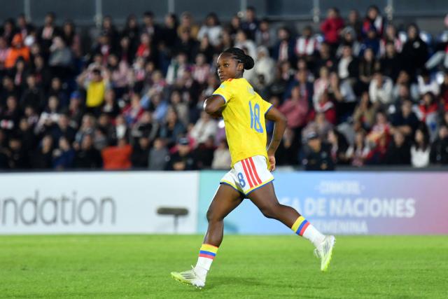 Colombia's forward #18 Linda Caicedo celebrates scoring her team's third goal during the CONMEBOL Nations League Women football match between Paraguay and Colombia at the Defensores del Chaco stadium in Asuncion on June 9, 2026. (Photo by DANIEL DUARTE / AFP)