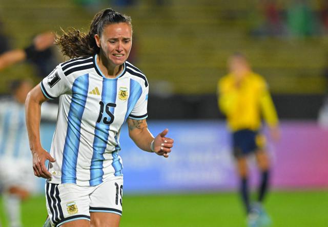Argentina's defender #15 Maria Bonsegundo celebrates scoring the opening goal during the CONMEBOL Nations League Women football match between Ecuador and Argentina at the Olimpico Atahualpa stadium in Quito on June 9, 2026. (Photo by Rodrigo BUENDIA / AFP)