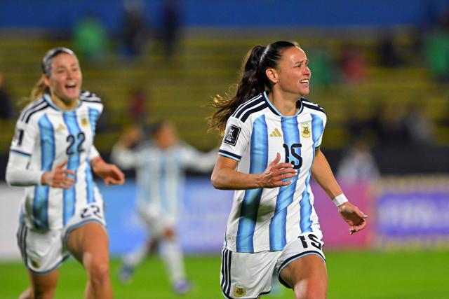 Argentina's defender #15 Maria Bonsegundo celebrates scoring the opening goal during the CONMEBOL Nations League Women football match between Ecuador and Argentina at the Olimpico Atahualpa stadium in Quito on June 9, 2026. (Photo by Rodrigo BUENDIA / AFP)