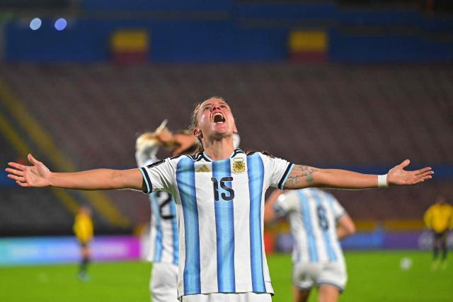 Argentina's defender #15 Maria Bonsegundo celebrates scoring the opening goal during the CONMEBOL Nations League Women football match between Ecuador and Argentina at the Olimpico Atahualpa stadium in Quito on June 9, 2026. (Photo by Rodrigo BUENDIA / AFP)