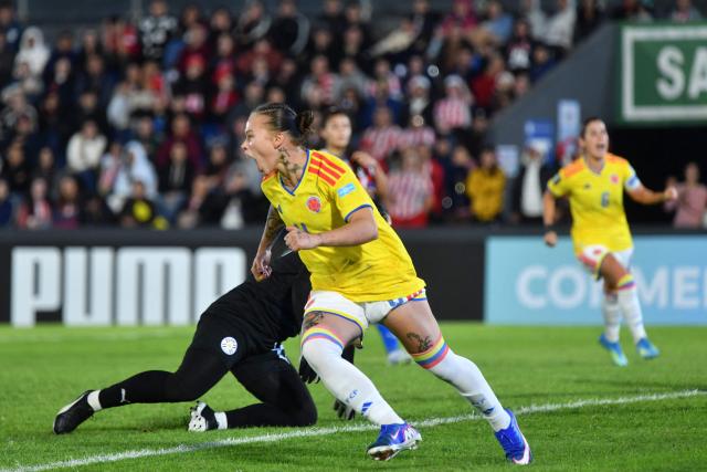 Colombia's defender #04 Ana Guzman celebrates scoring her team's fourth goal during the CONMEBOL Nations League Women football match between Paraguay and Colombia at the Defensores del Chaco stadium in Asuncion on June 9, 2026. (Photo by DANIEL DUARTE / AFP)