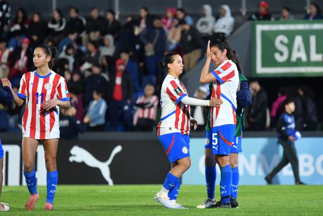 Paraguay's midfielder #05 Tania Riso reacts after loosing the CONMEBOL Nations League Women football match between Paraguay and Colombia at the Defensores del Chaco stadium in Asuncion on June 9, 2026. (Photo by DANIEL DUARTE / AFP)