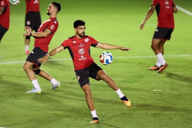 Tunisia's defender Mohamed Ben Hamida controls the ball during a training session at Rayados Training Centre in Santiago, Nuevo Leon state, Mexico on June 9, 2026, ahead of the 2026 World Cup football tournament. (Photo by Julio Cesar AGUILAR / AFP)