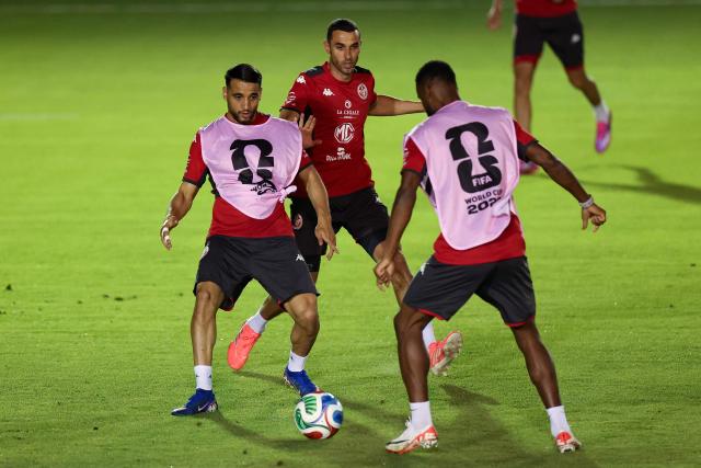 Tunisia's midfielder Mohamed Hadj Mahmoud (L) and teammate midfielder Ellyes Skhiri take part in a training session at Rayados Training Centre in Santiago, Nuevo Leon state, Mexico on June 9, 2026, ahead of the 2026 World Cup football tournament. (Photo by Julio Cesar AGUILAR / AFP)
