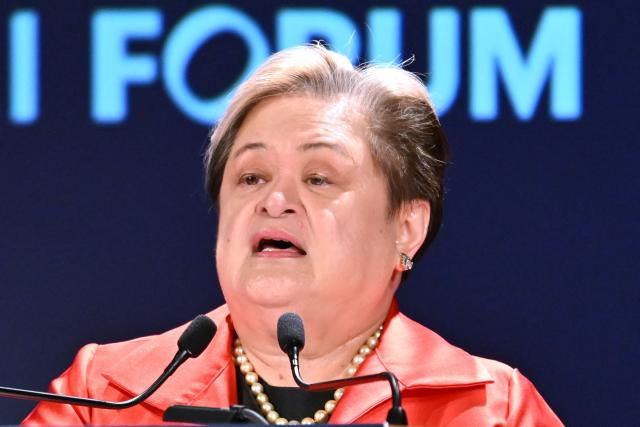 Philippines' Foreign Minister Maria Theresa Lazaro delivers a speech at the Nikkei Forum at a hotel in Tokyo on June 10, 2026. (Photo by Kazuhiro NOGI / AFP)