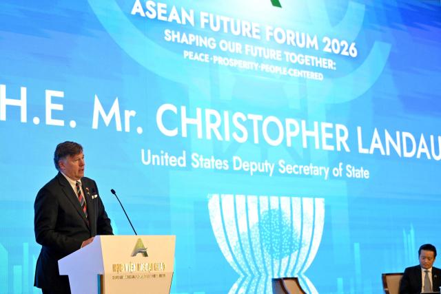 US Deputy Secretary of State Christopher Landau delivers a speech during the ASEAN Future Forum 2026 at the Melia Hotel in Hanoi on June 10, 2026. (Photo by Nhac NGUYEN / AFP)
