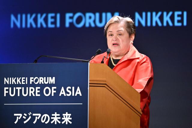 Philippines' Foreign Minister Maria Theresa Lazaro delivers a speech at the Nikkei Forum at a hotel in Tokyo on June 10, 2026. (Photo by Kazuhiro NOGI / AFP)