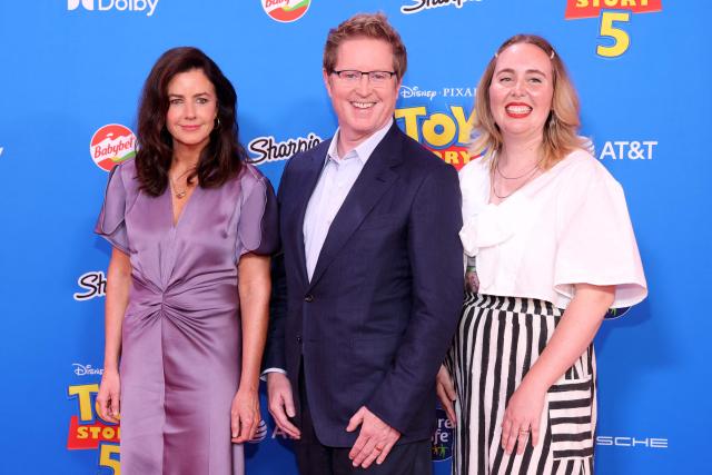 (L/R) US producer Lindsey Collins, US director/screenwriter Andrew Stanton and US co-director/screenwriter McKenna Harris, attend Disney and Pixar's "Toy Story 5" premiere at the Dolby Theatre in Los Angeles on June 9, 2026. (Photo by VALERIE MACON / AFP)
