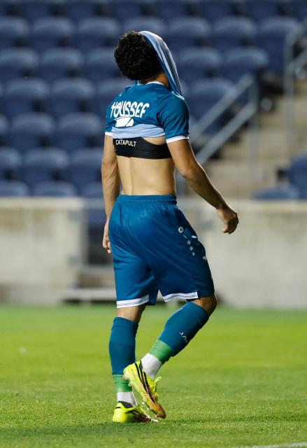 Iraq's midfielder #07 Amyn Youssef walks off the pitch at the end of the international friendly football match between Iraq and Venezuela at SeatGeek Stadium in Bridgeview, Illinois on June 9, 2026. (Photo by KAMIL KRZACZYNSKI / AFP)