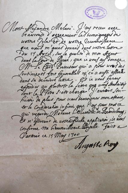 This photograph taken on June 5, 2026 shows a letter diplayed in a case during a press preview as part of the exhibition "Atto Melani (16261714). The Secret Voice of Power," at the Labronica Library of Villa Fabbricotti in Livorno on June 5, 2026. A celebrated singer in the courts of Tuscany, Venice, Rome, and France, a protégé of Cardinal Mazarin and close associate of the Sun King, Louis XIV of France, Atto Melani transformed his theatrical success into an extraordinary diplomatic career. Castrated as a child, he constantly struggled between public prestige and the human burden of his condition, yet he managed to become a political mediator, informer, and protagonist in the conclaves that marked the history of the papacy between 1667 and 1700. (Photo by Andreas SOLARO / AFP)