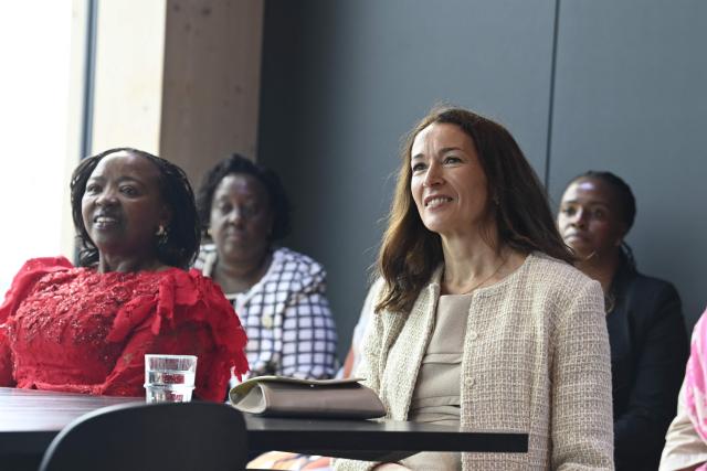 Kenya's First Lady Rachel Ruto and President of Finland's wife Suzanne Innes-Stubb (R) attend the roundtable discussion 'Women and girls in technology and game industries' at Supercell in Helsinki, Finland on June 10, 2026. (Photo by Jade SILPO / Lehtikuva / AFP) / Finland OUT