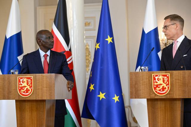 President of Kenya William Ruto (L) and President of Finland Alexander Stubb deliver a joint press conference in the Hall of Mirrors of the Presidential Palace in Helsinki, Finland on June 10, 2026. (Photo by Antti Aimo-Koivisto / Lehtikuva / AFP) / Finland OUT