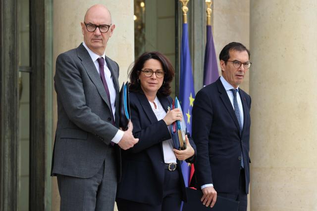 France's Economy, Finances and Industry Minister Roland Lescure (L), France's Sports Minister Marina Ferrari and France's Labour Minister Jean-Pierre Farandou leave after the weekly cabinet meeting at the Elysee Palace in Paris on June 10, 2026. (Photo by Ludovic MARIN / AFP)