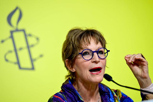 Amnesty International Secretary General Agnes Callamard delivers a press conference on Amnesty International's report, 'Erasing anything Palestinian: Israel’s ethnic cleansing of West Bank Bedouin and herding communities' in Berlin on June 10, 2026. (Photo by John MACDOUGALL / AFP)