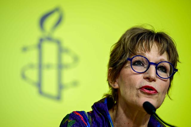 Amnesty International Secretary General Agnes Callamard delivers a press conference on Amnesty International's report, 'Erasing anything Palestinian: Israel’s ethnic cleansing of West Bank Bedouin and herding communities' in Berlin on June 10, 2026. (Photo by John MACDOUGALL / AFP)