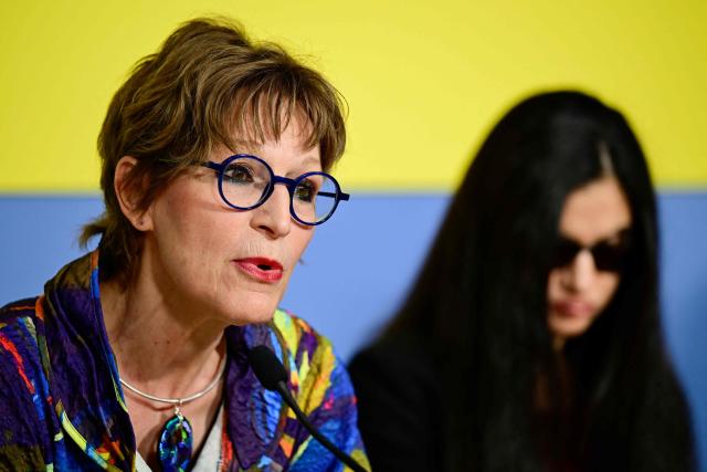 Amnesty International Secretary General Agnes Callamard and Amnesty International's researcher on Israel and the Occupied Palestinian Territory Budour Hassan deliver a press conference on Amnesty International's report, 'Erasing anything Palestinian: Israel’s ethnic cleansing of West Bank Bedouin and herding communities' in Berlin on June 10, 2026. (Photo by John MACDOUGALL / AFP)
