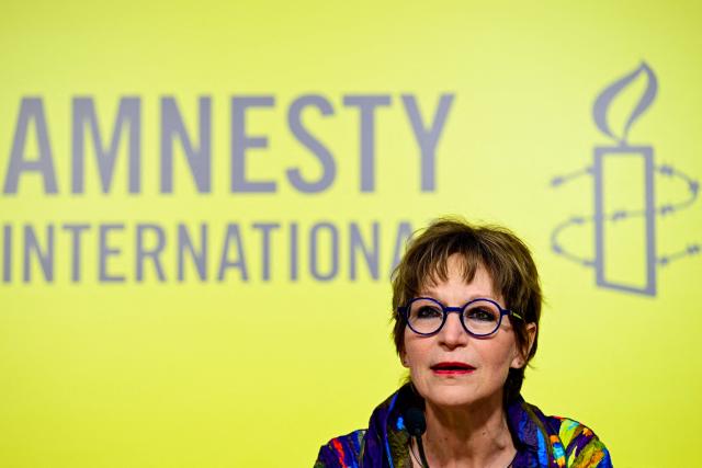 Amnesty International Secretary General Agnes Callamard delivers a press conference on Amnesty International's report, 'Erasing anything Palestinian: Israel’s ethnic cleansing of West Bank Bedouin and herding communities' in Berlin on June 10, 2026. (Photo by John MACDOUGALL / AFP)