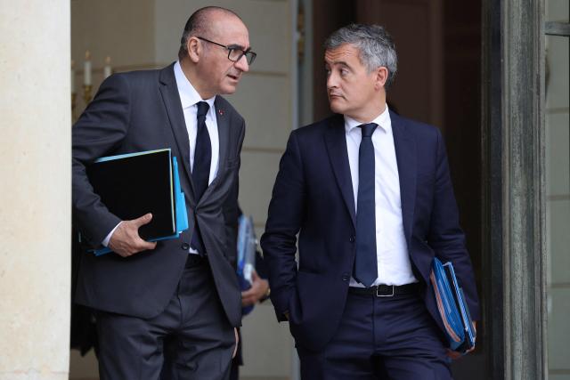 France's Interior Minister Laurent Nunez (L) and France's Justice Minister Gerald Darmanin leave after the weekly cabinet meeting at the Elysee Palace in Paris on June 10, 2026. (Photo by Ludovic MARIN / AFP)