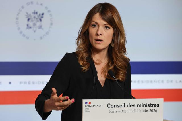 France's Government Spokesperson and junior Minister for Energy and Digital economy Maud Bregeon delivers a speech during a press conference following the weekly cabinet meeting in Paris on June 10, 2026. (Photo by Ludovic MARIN / AFP)